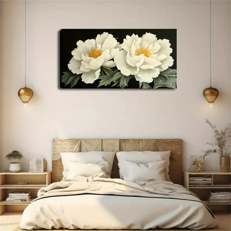 Two Blooming White Peonies Wall Art Canvas Office Home Room Framed 120x60cm - Bella Home Decor