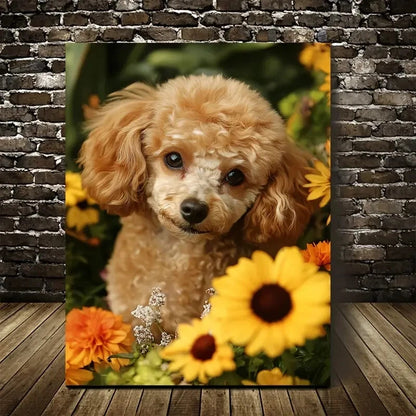 Adorable Poodle Dog with Vibrant Flowers Painting 40x60cm Metal Print Ready to Hang - Bella Home Decor