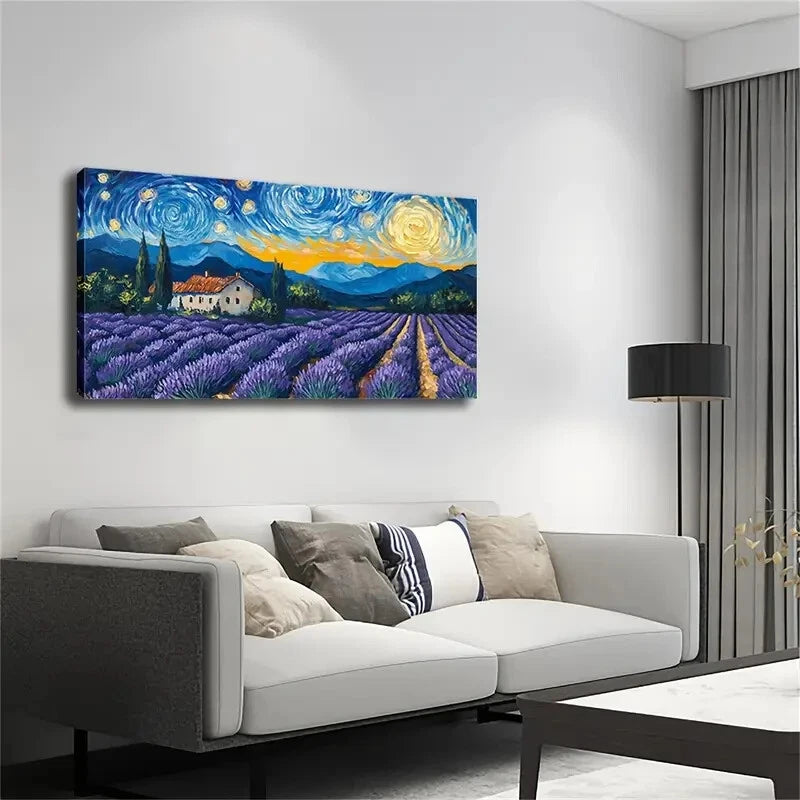 Van Gogh Inspired Purple Starry Wall Art Canvas Office Home Room Framed 120x60cm - Bella Home Decor