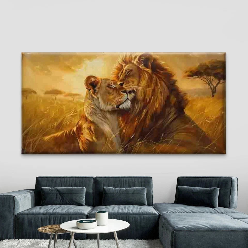 Lion & Lioness Savannah African Wall Art Canvas Office Home Room Framed 120x60cm