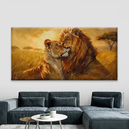 Lion & Lioness Savannah African Wall Art Canvas Office Home Room Framed 120x60cm