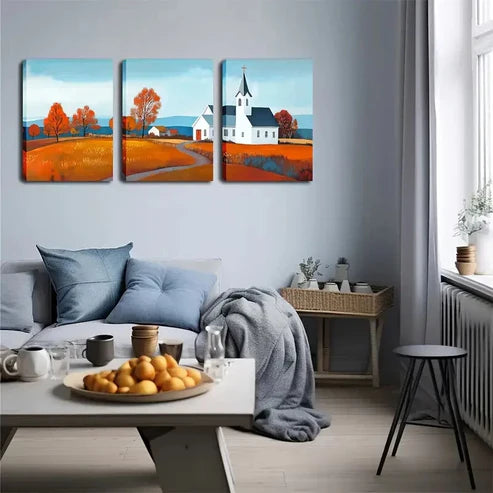 3pcs Countryside Scene with Church & Orange Wall Art Canvas Unframed - High Quality Print 100% Australian Made Wall Canvas - Bella Home Decor