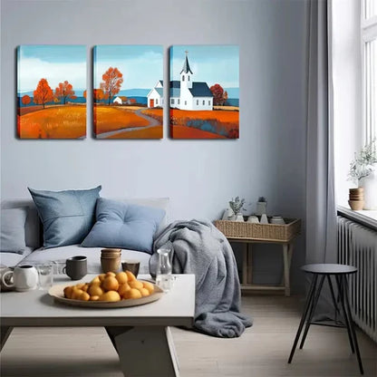3pcs Countryside Scene with Church & Orange Wall Art Canvas Unframed - High Quality Print 100% Australian Made Wall Canvas - Bella Home Decor