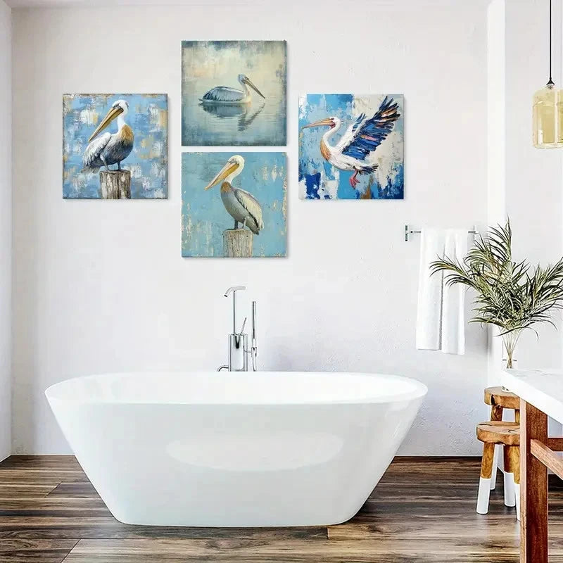 4pcs Pelican Poster, Wall Art Canvas Framed