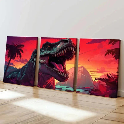 3pcs Vibrant T-Rex & Prehistoric Jungle Scene Wall Art Set Canvas Framed 40x60cm - High Quality Print 100% Australian Made Wall Canvas Ready to Hang - Bella Home Decor