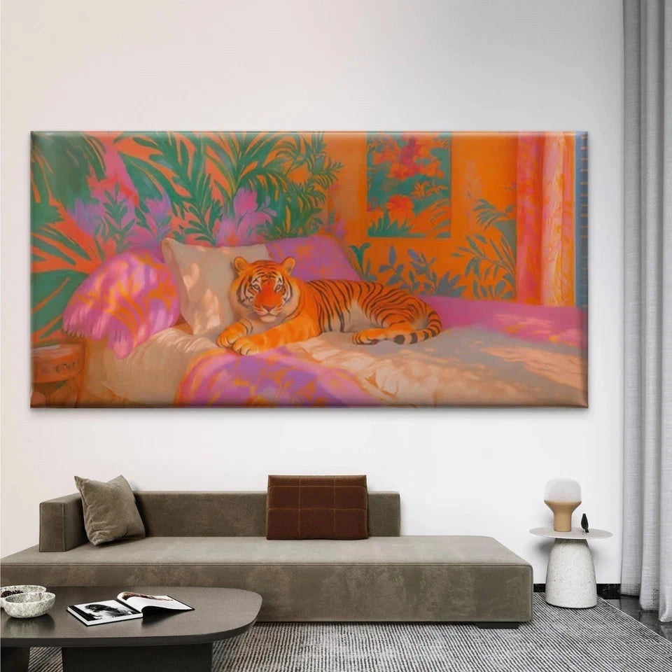 Tiger on Colorful Tropical Bed Wall Art Canvas Office Home Room Framed 120x60cm