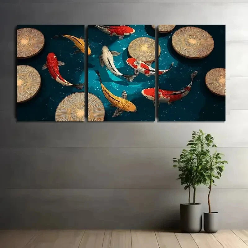 3pcs Colorful Koi Fish Swimming Metal Print Ready to Hang Art - Bella Home Decor