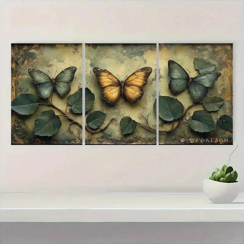 3pcs Vintage Botanical and Butterfly BG   Wall Art Set Canvas Framed 60x90cm - High Quality Print 100% Australian Made Wall Canvas Ready to Hang