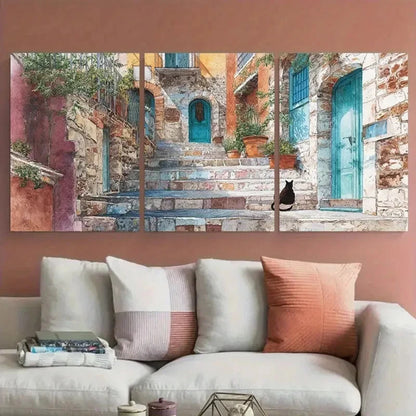 3pcs Architecture & Cat On Stairs Scene Perfect Wall Art Set Canvas Framed 40x60cm - High Quality Print 100% Australian Made Wall Canvas Ready to Hang - Bella Home Decor