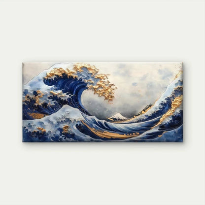 Japanese-Inspired Blue & Golden Wall Art Canvas Office Home Room Framed 120x60cm