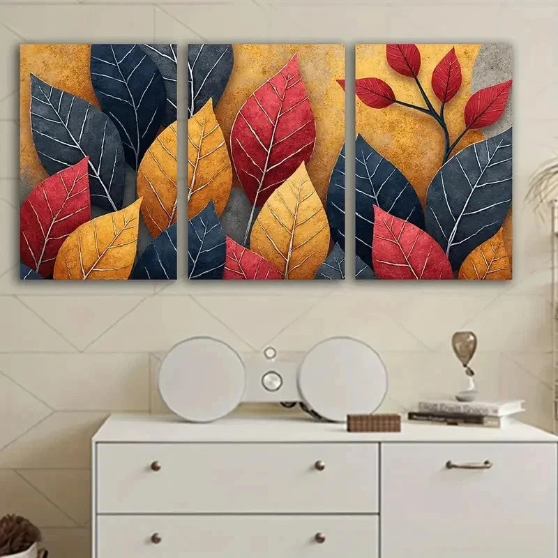 3pcs Red Blue Abstract Leaves Poster Wall Art Set Canvas Framed 40x60cm - High Quality Print 100% Australian Made Wall Canvas Ready to Hang