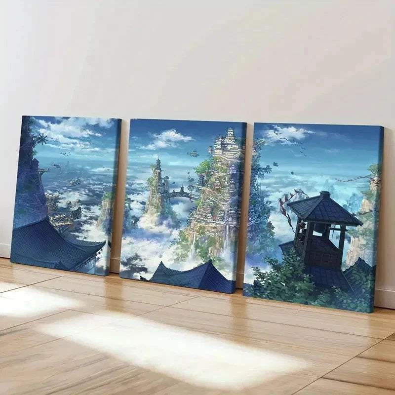 3pcs Japanese Anime Landscape Game Scene Wall Art Set Canvas Framed 40x60cm - High Quality Print 100% Australian Made Wall Canvas Ready to Hang