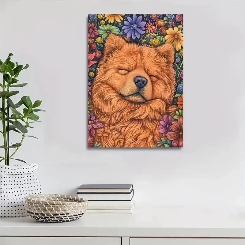 Charming Chow Chow Dog Vibrant Floral Painting 40x60cm Metal Print Ready to Hang - Bella Home Decor