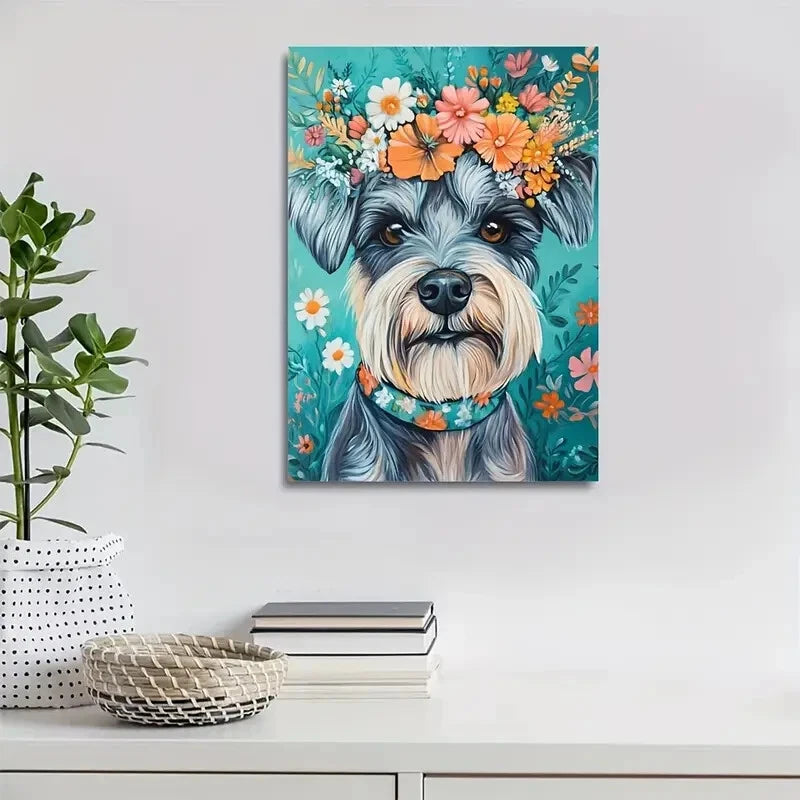 Cute Schnauzer Dog with Vibrant Floral Wreath 40x60cm Metal Print Ready to Hang - Bella Home Decor