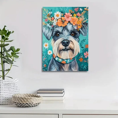 Cute Schnauzer Dog with Vibrant Floral Wreath 40x60cm Metal Print Ready to Hang - Bella Home Decor