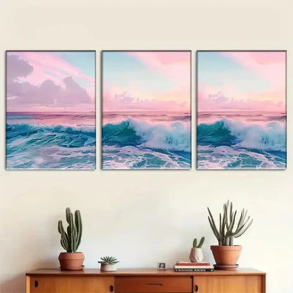 3pcs Ocean Wave Pink Sky Sea Landscape Wall Art Canvas Unframed - High Quality Print 100% Australian Made Wall Canvas