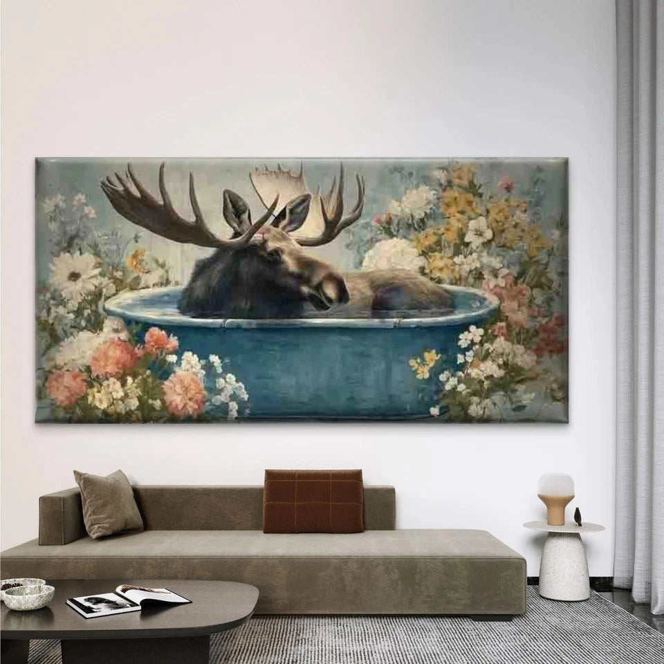 Moose in Bathtub Wall Art Canvas Office Home Room Framed 120x60cm