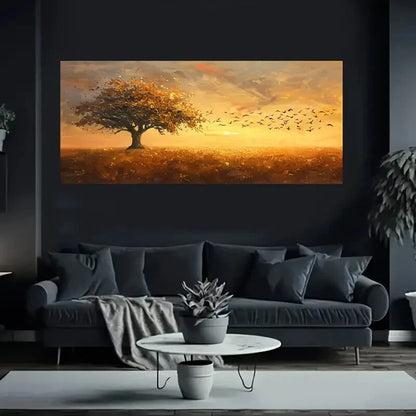 Golden Tree & Birds Sky wall canvas office home room framed 120x60cm - Bella Home Decor