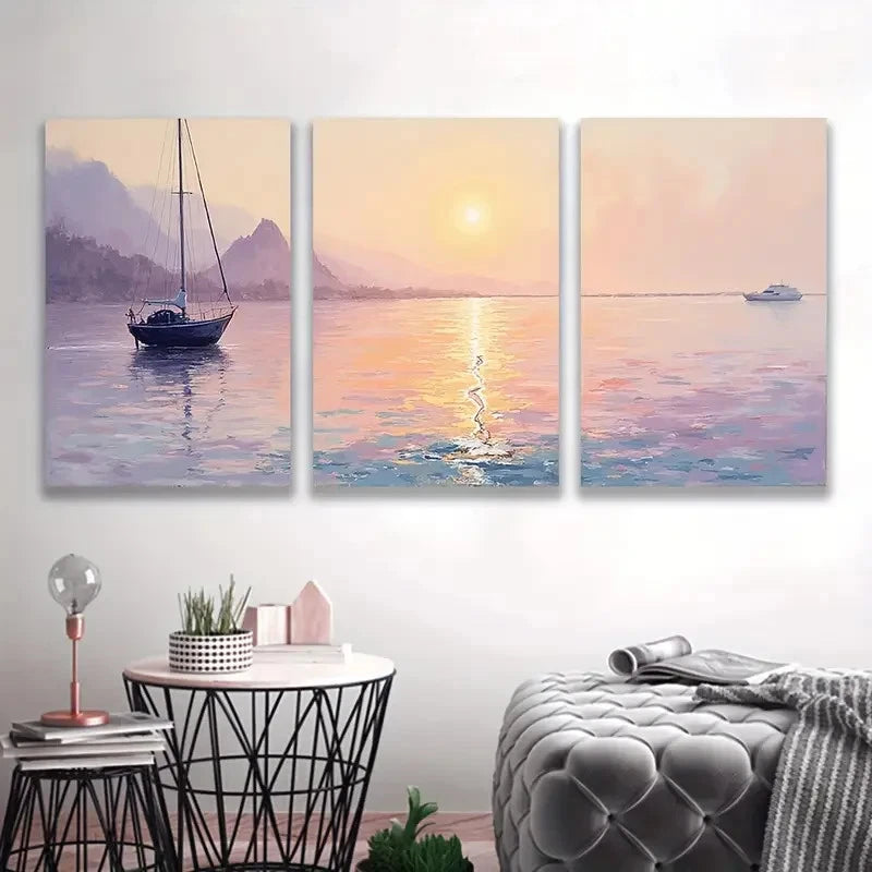 3pcs Painting Sailboat at Sunset, Serene G   Wall Art Set Canvas Framed 50x70cm - High Quality Print 100% Australian Made Wall Canvas Ready to Hang