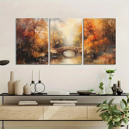 3pcs Autumn Bridge Vibrant Fall Foliage Scenery Metal Print Ready to Hang Art