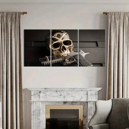 3pcs Skeleton Holding Pistol In Mouth Wall Art Set Canvas Framed 50x70cm - High Quality Print 100% Australian Made Wall Canvas Ready to Hang