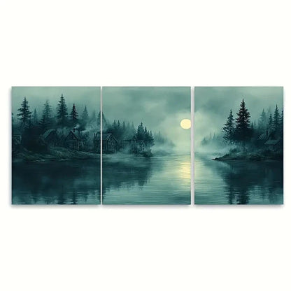 3pcs illustration of Green River Land EU   Wall Art Set Canvas Framed 50x70cm - High Quality Print 100% Australian Made Wall Canvas Ready to Hang - Bella Home Decor