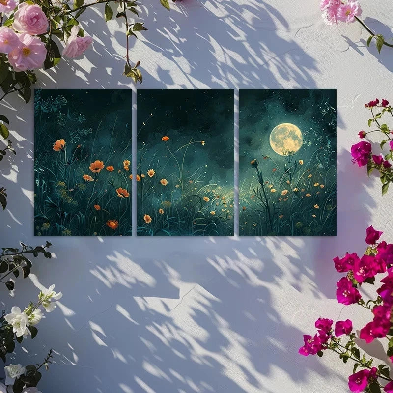 3pcs Flowers and Moon on a Peaceful Spring Night Metal Print Ready to Hang Art - Bella Home Decor