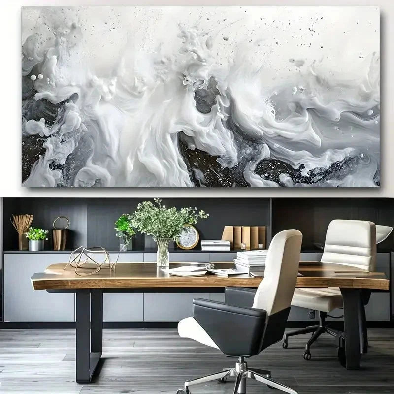 Abstract Fluid White & Black Wall Art Canvas Office Home Room Framed 120x60cm