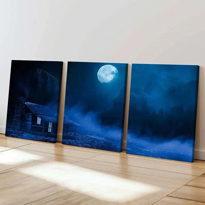 3pcs Moon Trees Mountains Thatched House Wall Art Set Canvas Framed 40x60cm - High Quality Print 100% Australian Made Wall Canvas Ready to Hang - Bella Home Decor