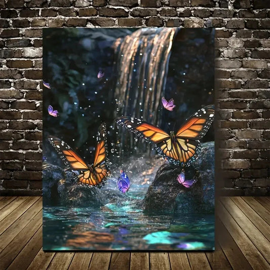 Realistic Butterfly & Waterfall Scene Painting 40x60cm Metal Print Ready to Hang - Bella Home Decor