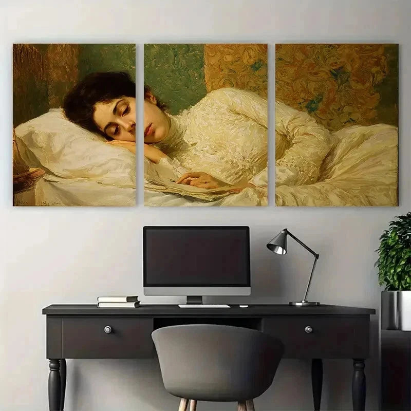 3pcs Woman Laying In Bed Portrait Perfect Wall Art Set Canvas Framed 50x70cm - High Quality Print 100% Australian Made Wall Canvas Ready to Hang
