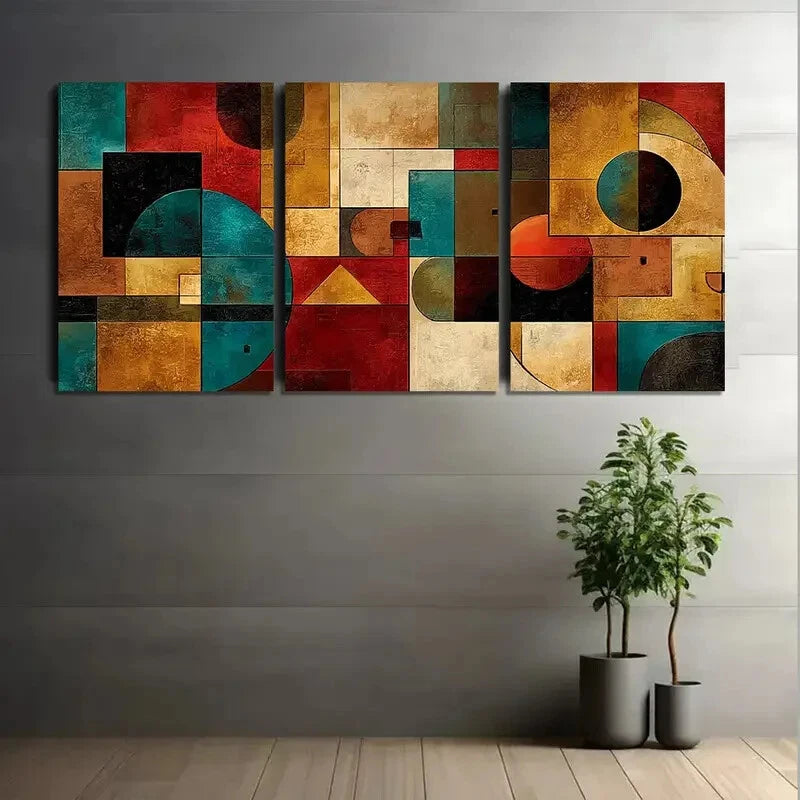 3pcs Abstract Geometric Shapes Earthy Tones Metal Print Ready to Hang Art - Bella Home Decor