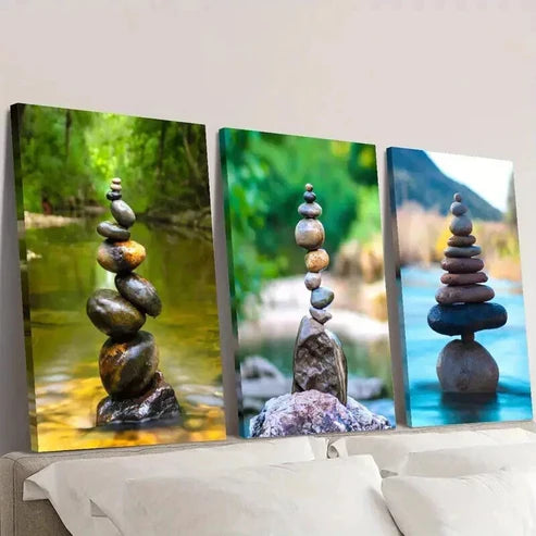 3pcs Stones Balanced on Natural Landscapes Wall Art Set Canvas Unframed - High Quality Print 100% Australian Made Wall Canvas