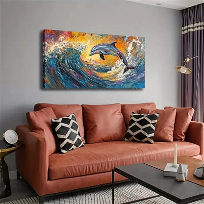 Vibrant Dolphin Leaping Waves Wall Art Canvas Office Home Room Framed 120x60cm - Bella Home Decor