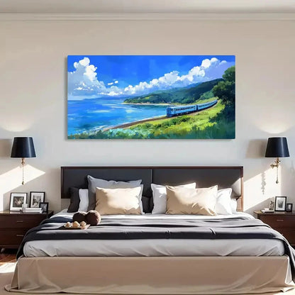 Classic Seascape Scenery Train Wall Art Canvas Office Home Room Framed 120x60cm