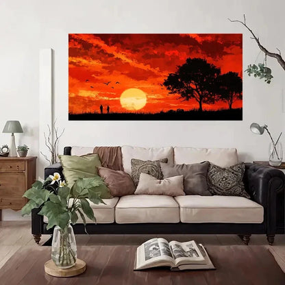 Modern Vintage Red & Orange Sun Wall Art Canvas Office Home Room Framed 120x60cm