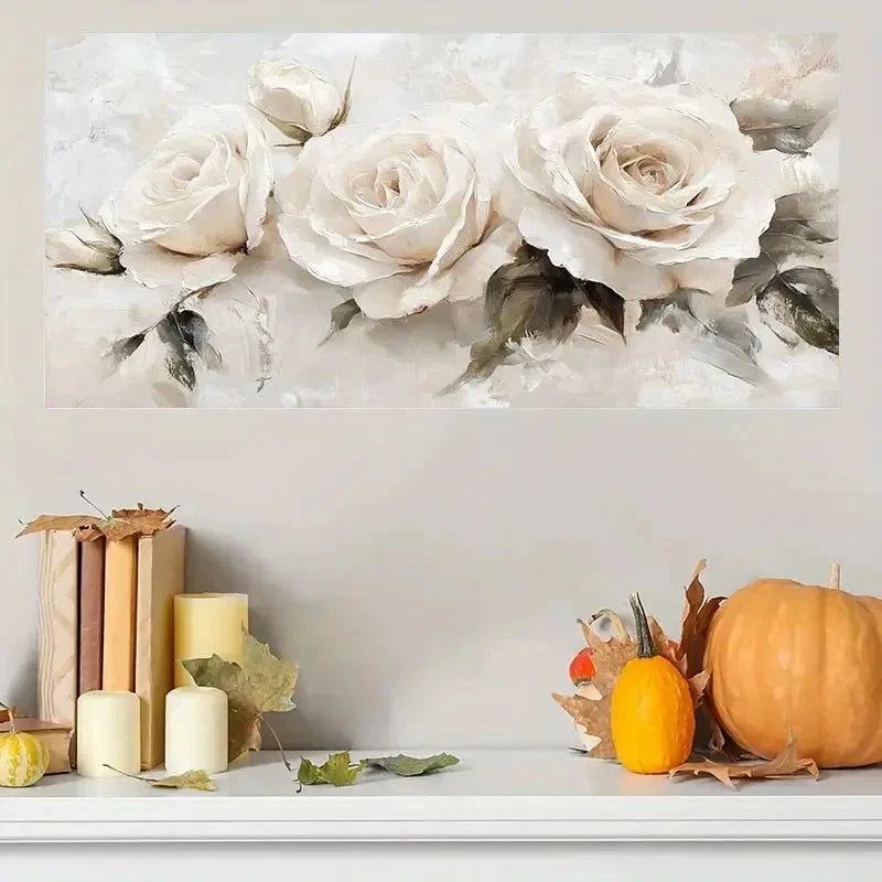 Elegant White Roses Modern Wall Art Canvas Office Home Room Framed 120x60cm - Bella Home Decor