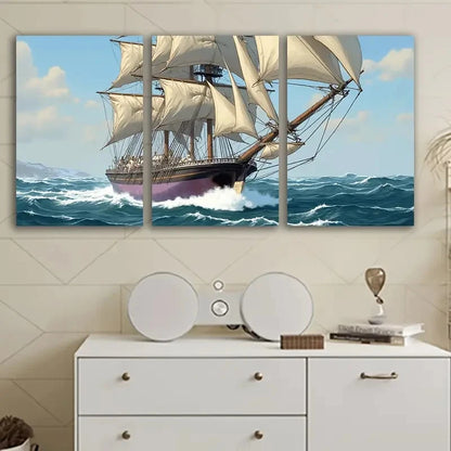 3pcs Tall Ship Artwork Wall Art Set Canvas Framed 40x60cm - High Quality Print 100% Australian Made Wall Canvas Ready to Hang