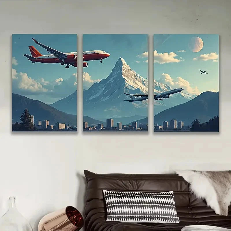 3pcs Aviation And Mountain Landscape Wall Art Set Canvas Framed 60x90cm - High Quality Print 100% Australian Made Wall Canvas Ready to Hang - Bella Home Decor