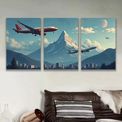 3pcs Aviation And Mountain Landscape Wall Art Set Canvas Framed 60x90cm - High Quality Print 100% Australian Made Wall Canvas Ready to Hang - Bella Home Decor