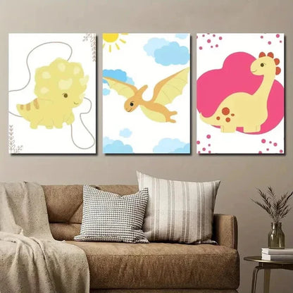 3pcs Cute Cartoon Dinosaur Art Flying Dinosaur Wall Art Set Canvas Unframed - High Quality Print 100% Australian Made Wall Canvas - Bella Home Decor