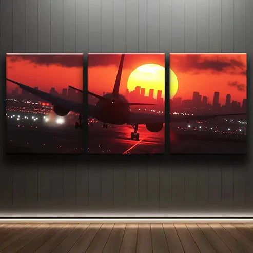 3pcs Sunset Airplane Shine Dark Décor Perfect Wall Art Set Canvas Unframed - High Quality Print 100% Australian Made Wall Canvas