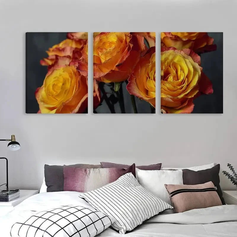3pcs Bouquet of Roses with Orange and Yellow  Wall Art Set Canvas Framed 60x90cm - High Quality Print 100% Australian Made Wall Canvas Ready to Hang - Bella Home Decor