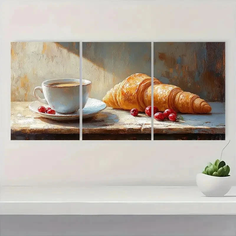 3pcs Coffee & Croissant Morning Scene CC  Wall Art Set Canvas Framed 40x60cm - High Quality Print 100% Australian Made Wall Canvas Ready to Hang - Bella Home Decor