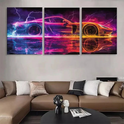 3pcs Neon Speed Racing Car Lightning Wall Art Canvas Unframed - High Quality Print 100% Australian Made Wall Canvas
