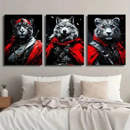 3pcs Red-Cloaked Wolf Leopard & Tiger Wall Art Set Canvas Unframed - High Quality Print 100% Australian Made Wall Canvas