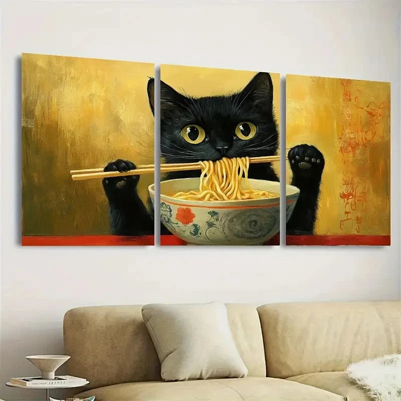 3pcs Vintage Black Cat Eating Ramen Cute Black Wall Art Set Canvas Framed 50x70cm - High Quality Print 100% Australian Made Wall Canvas Ready to Hang - Bella Home Decor
