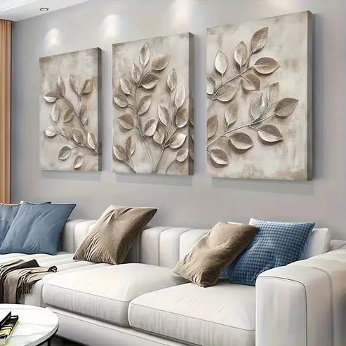 3pcs Metallic Leaf Branch Triptych Wall Art Set Wall Art Canvas Unframed - High Quality Print 100% Australian Made Wall Canvas