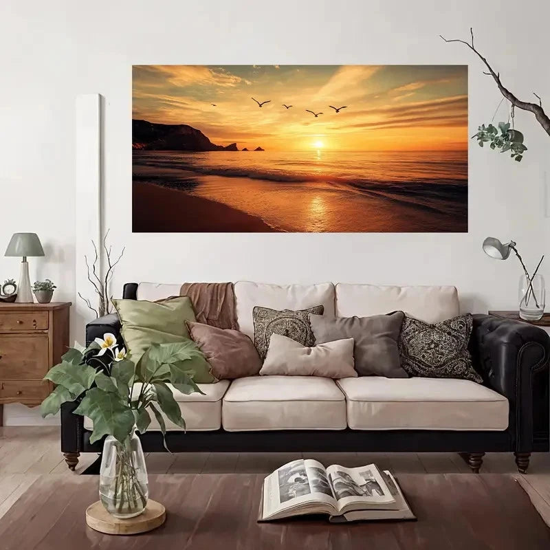 Beach Sunset Seagulls Wall Art Canvas Office Home Room Framed 120x60cm