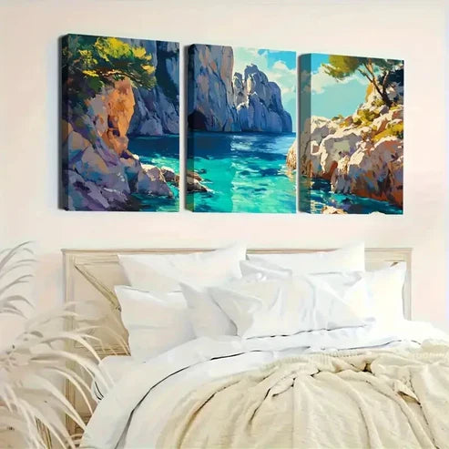 3pcs Vibrant Coastal With Blue Seas & Rocks Wall Art Set Canvas Unframed - High Quality Print 100% Australian Made Wall Canvas